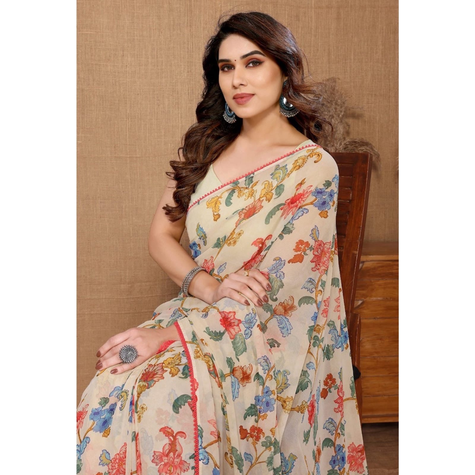 The Heritage Bloom Saree: Vintage Floral Pre-Stitched Georgette in Cream
