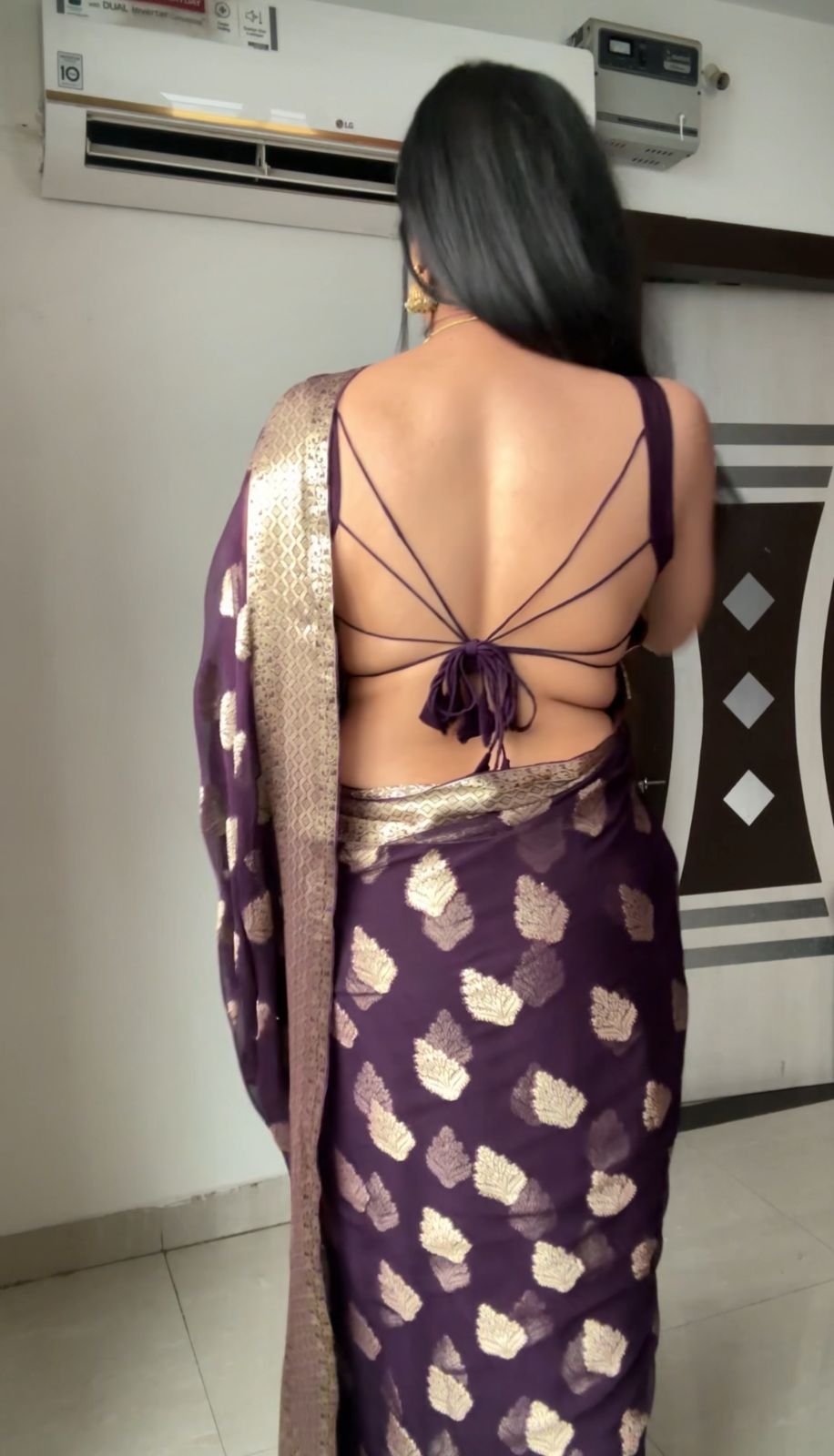 Deep Plum Georgette Banarasi Saree | Pre-Pleated Ready-to-Wear Saree with Zari Motifs