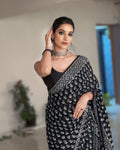 Black & White Hand-Block Print Ready-to-Wear Saree | Pre-Pleated Cotton Saree