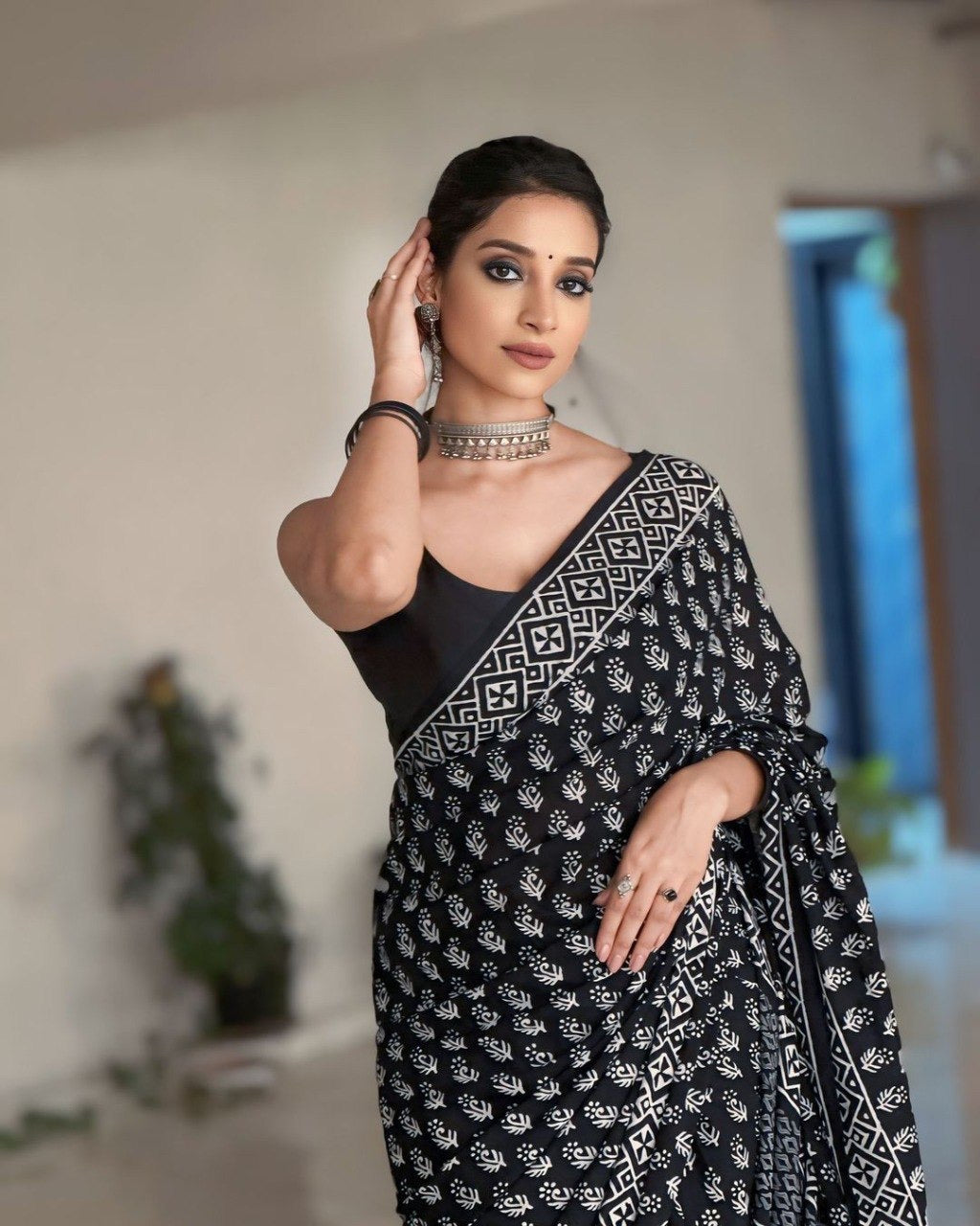 Black & White Hand-Block Print Ready-to-Wear Saree | Pre-Pleated Cotton Saree