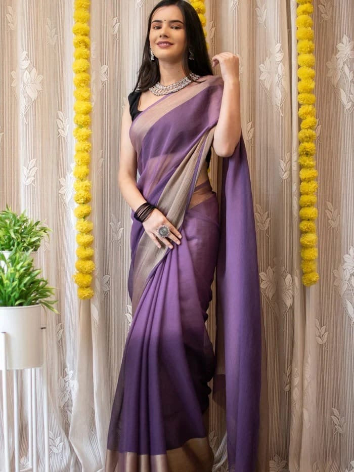 Fuchsia Pink Chiffon Saree with Copper Zari Border |Ready to Wear Saree