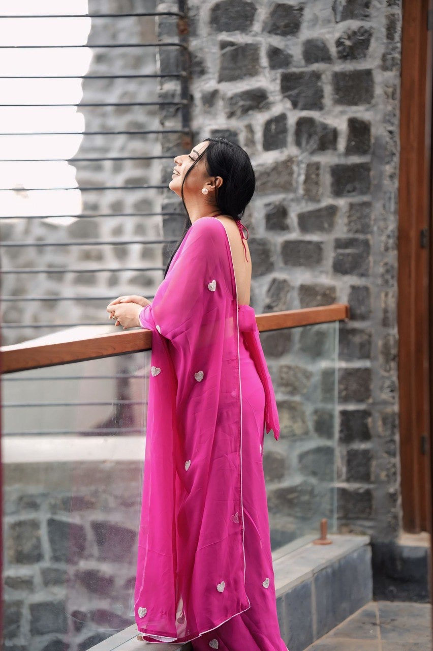 The Sweetheart Drape: Hot Pink Pre-Pleated Ready to Wear Saree with Silver Heart Accents
