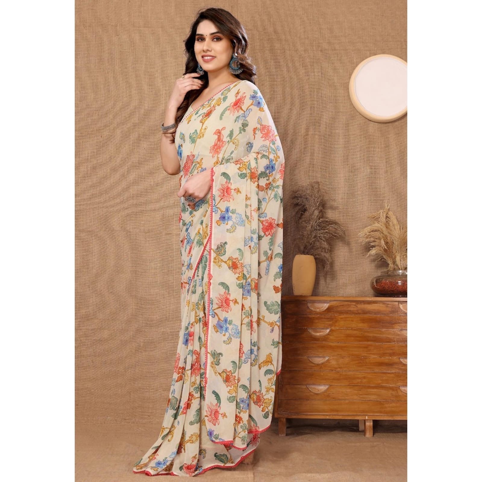 The Heritage Bloom Saree: Vintage Floral Pre-Stitched Georgette in Cream