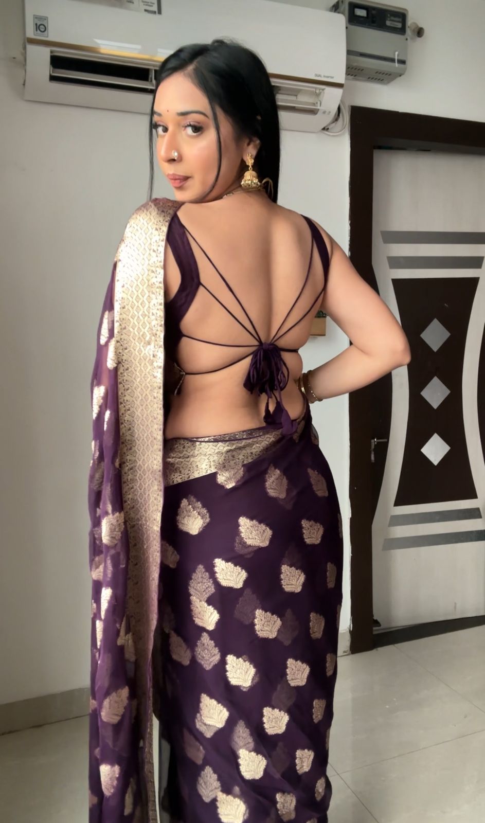 Deep Plum Georgette Banarasi Saree | Pre-Pleated Ready-to-Wear Saree with Zari Motifs