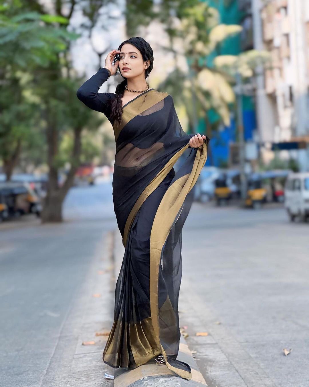 Black Chiffon Saree with Copper Zari Border | Ready to wear Saree