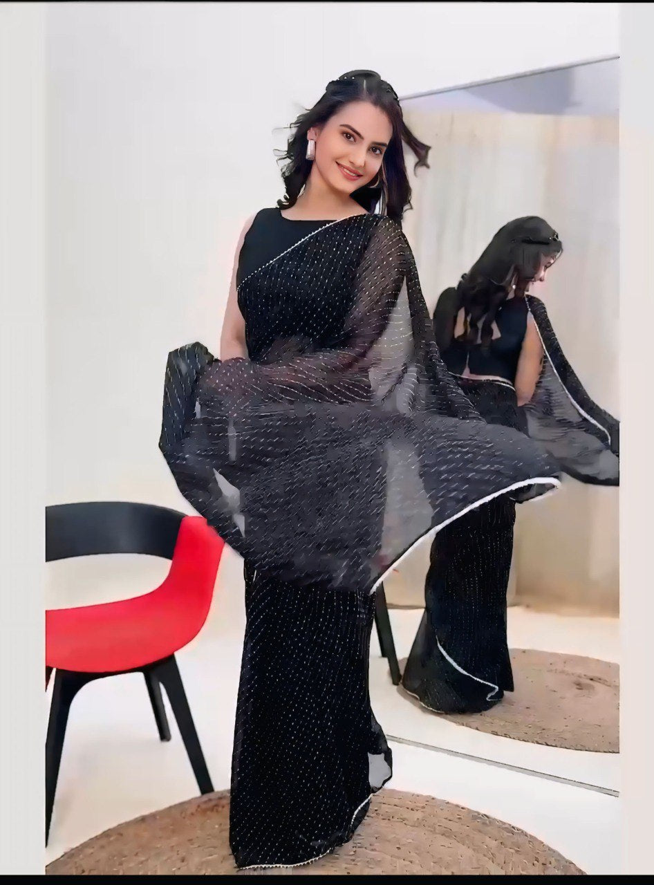 Black Georgette Ready To Wear Pre Pleated Saree