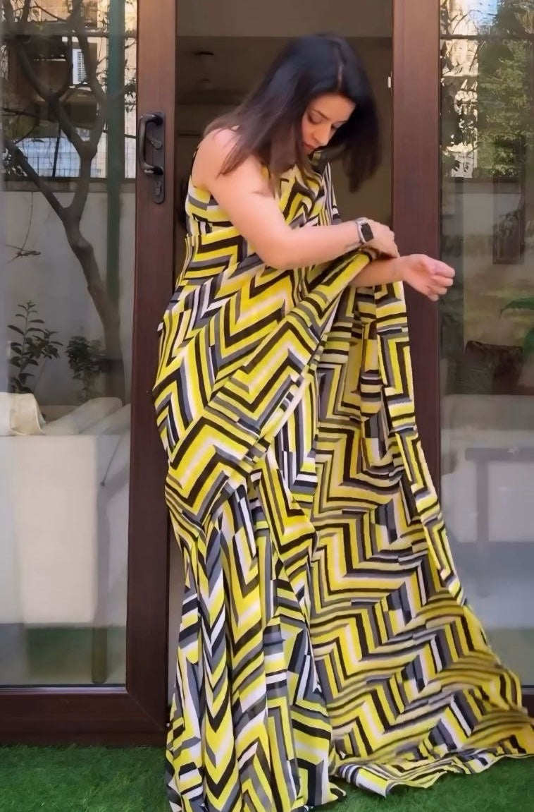 Geometric Chevron Mermaid Gown Saree | Yellow & Grey Pre-Stitched Ready-to-Wear Saree