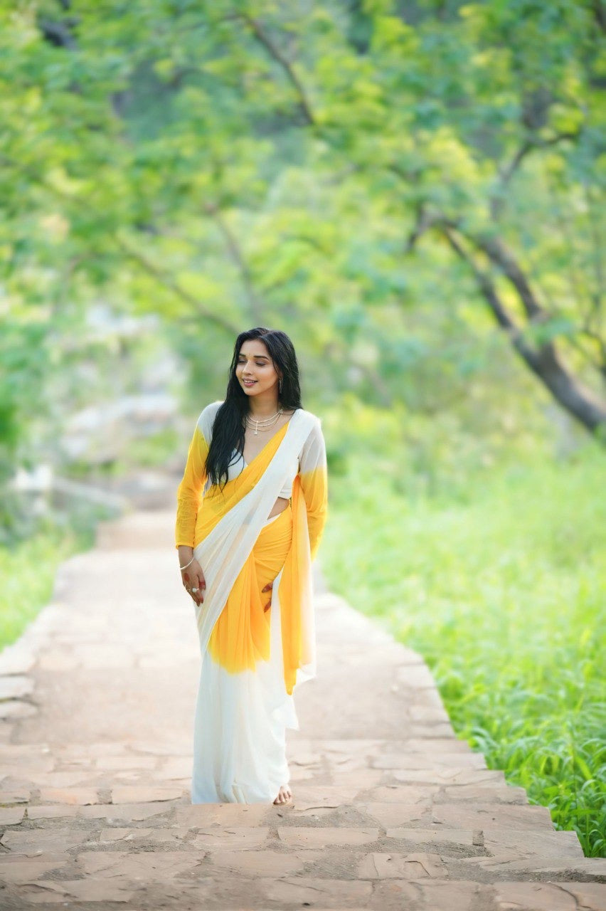 The 1-Minute Drape: Ombré Yellow & Pearl White Pre-Pleated Saree