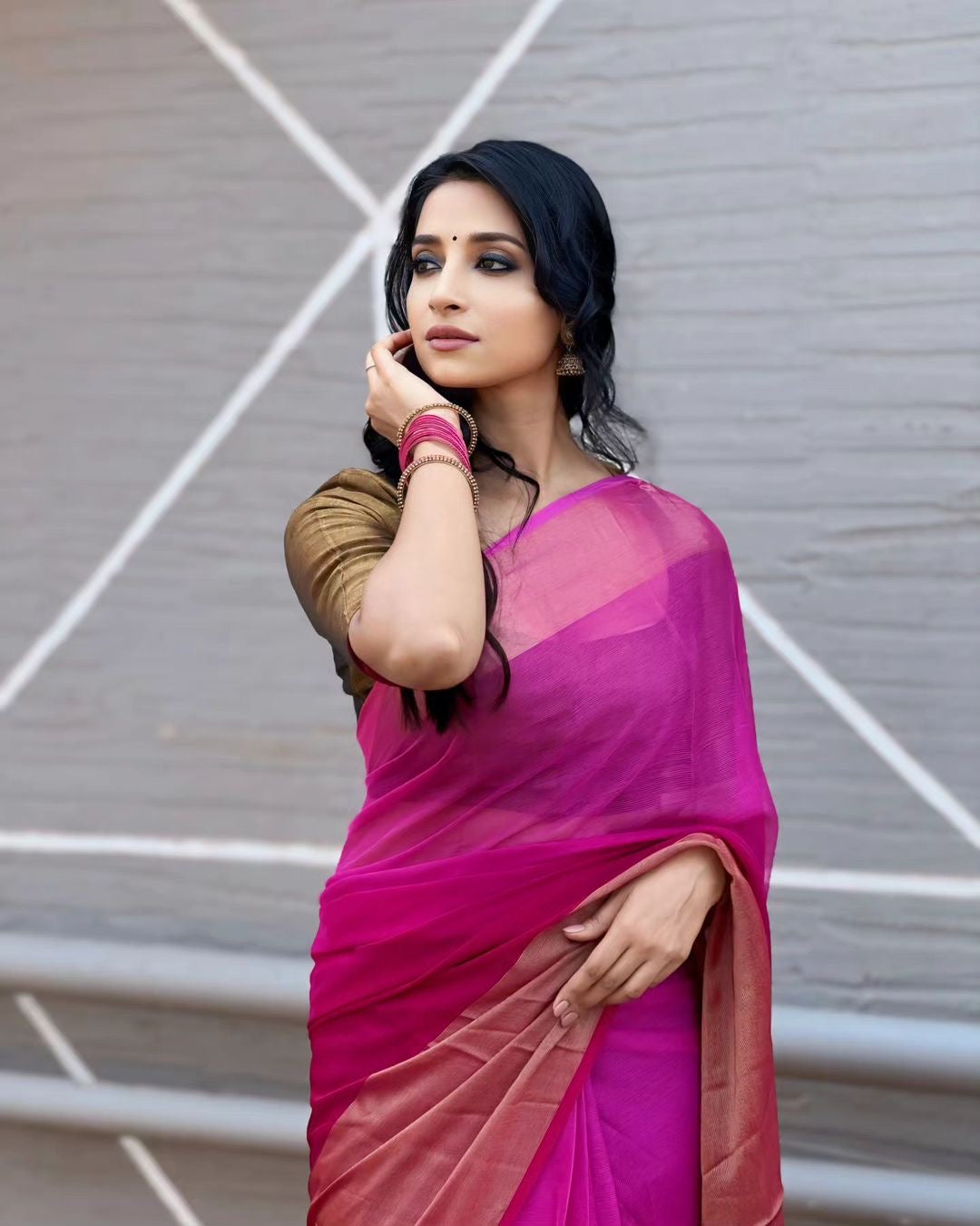 Sky Blue & Blush Pink Ombre Chiffon Saree | Ready To Wear Saree