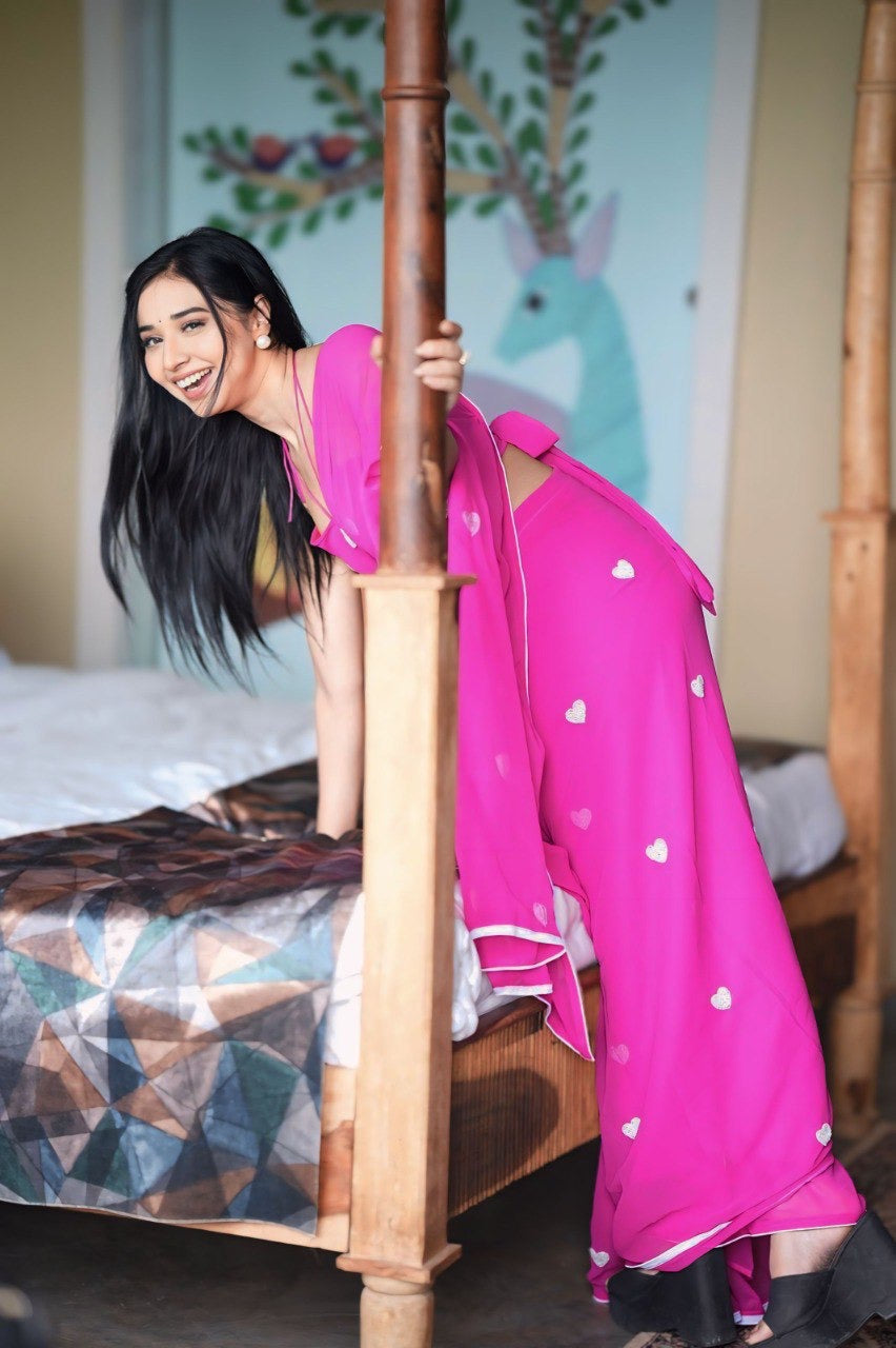 The Sweetheart Drape: Hot Pink Pre-Pleated Ready to Wear Saree with Silver Heart Accents
