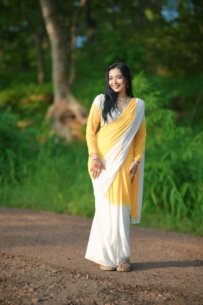 The 1-Minute Drape: Ombré Yellow & Pearl White Pre-Pleated Saree