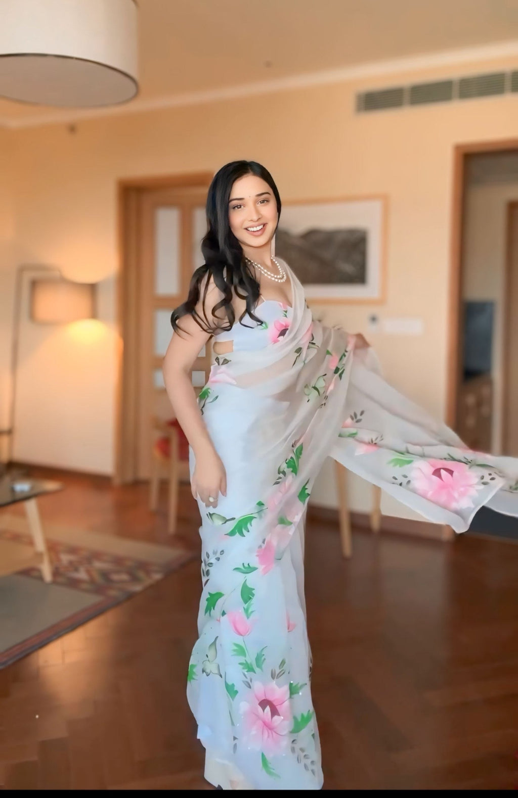 White Organza Saree with Pink Floral Art Tanya Mittal