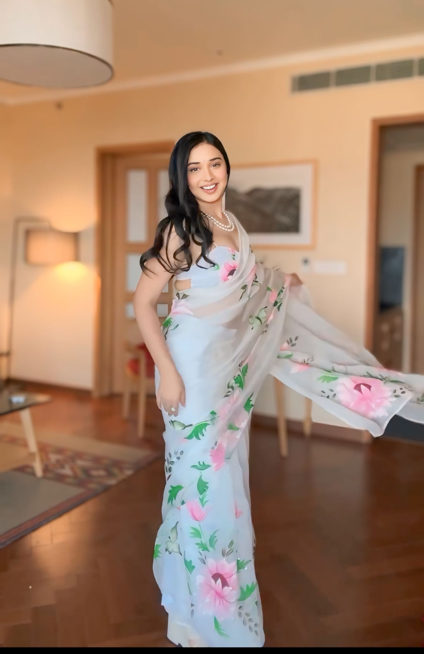 White Organza Saree with Pink Floral Art Tanya Mittal