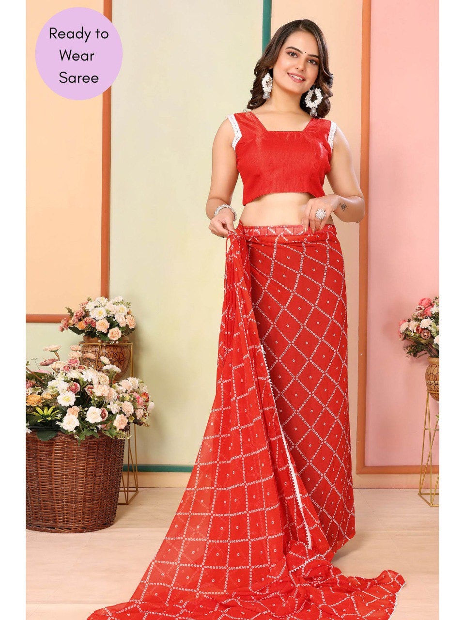 Vibrant Orange Ready-to-Wear Bandhani Saree with Pearl Lace Border