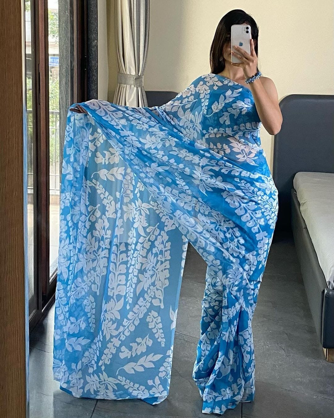 Sky Blue Floral Printed Georgette Ready-to-Wear Saree
