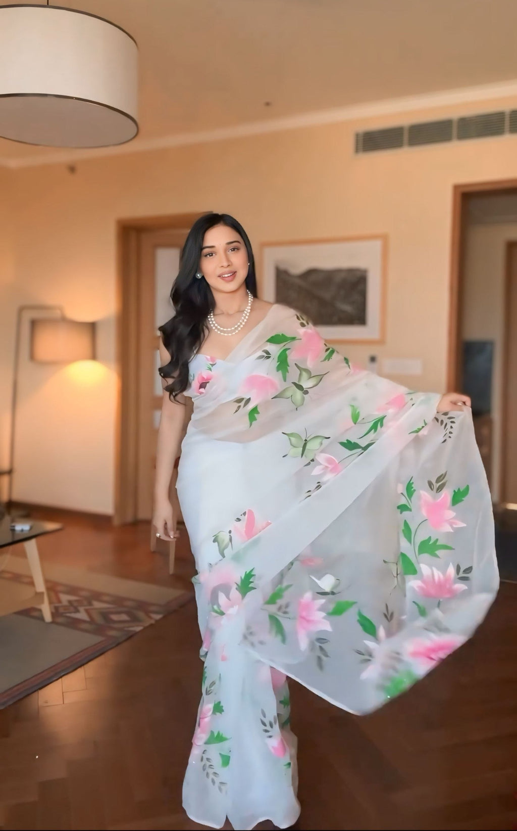 White Organza Saree with Pink Floral Art Tanya Mittal