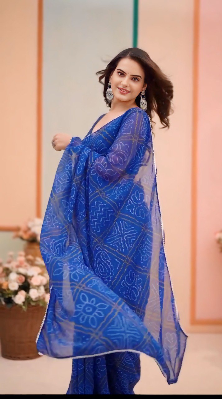 Royal Blue Bandhani Georgette Pre-Pleated Ready-to-Wear Saree