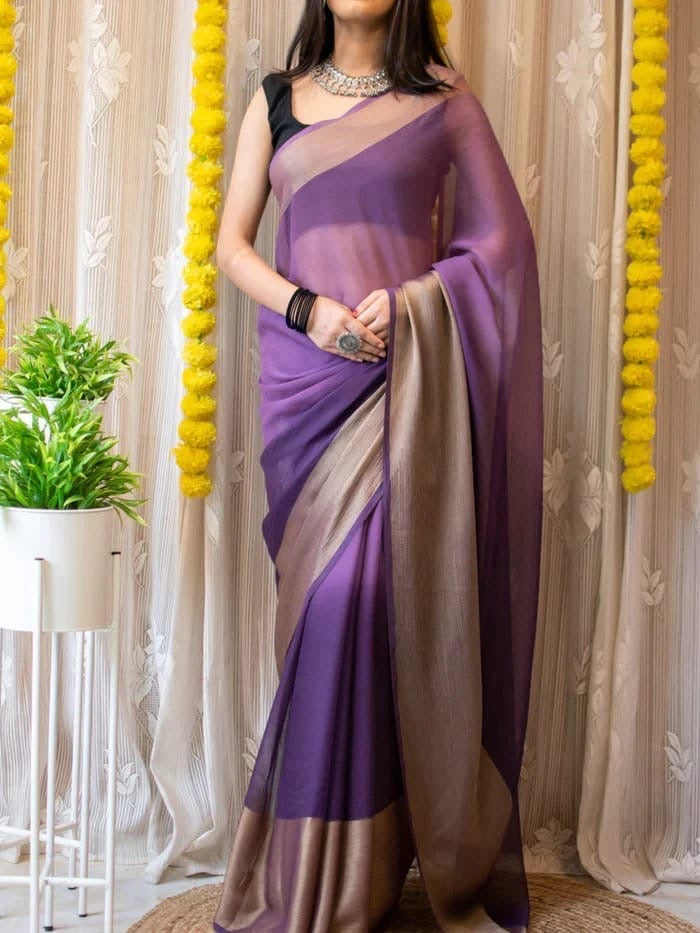 Fuchsia Pink Chiffon Saree with Copper Zari Border |Ready to Wear Saree