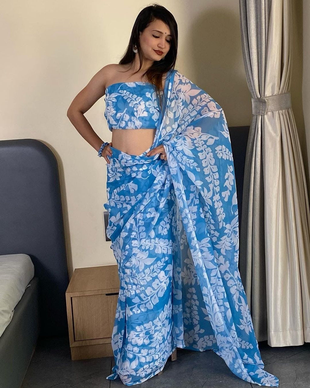 Sky Blue Floral Printed Georgette Ready-to-Wear Saree