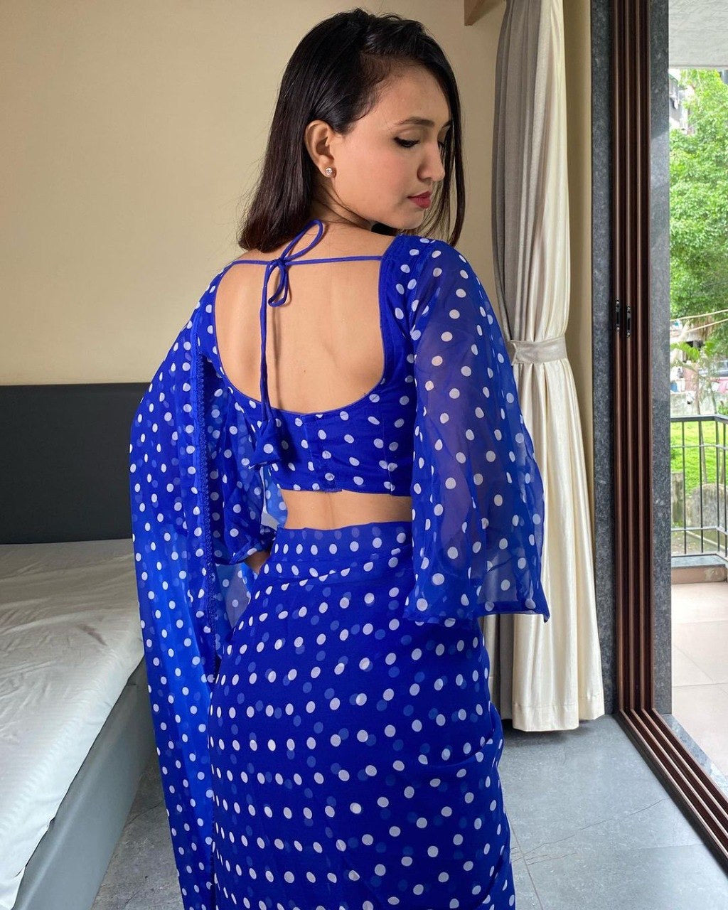Blue Georgette Ready To Wear Pre Pleated Saree