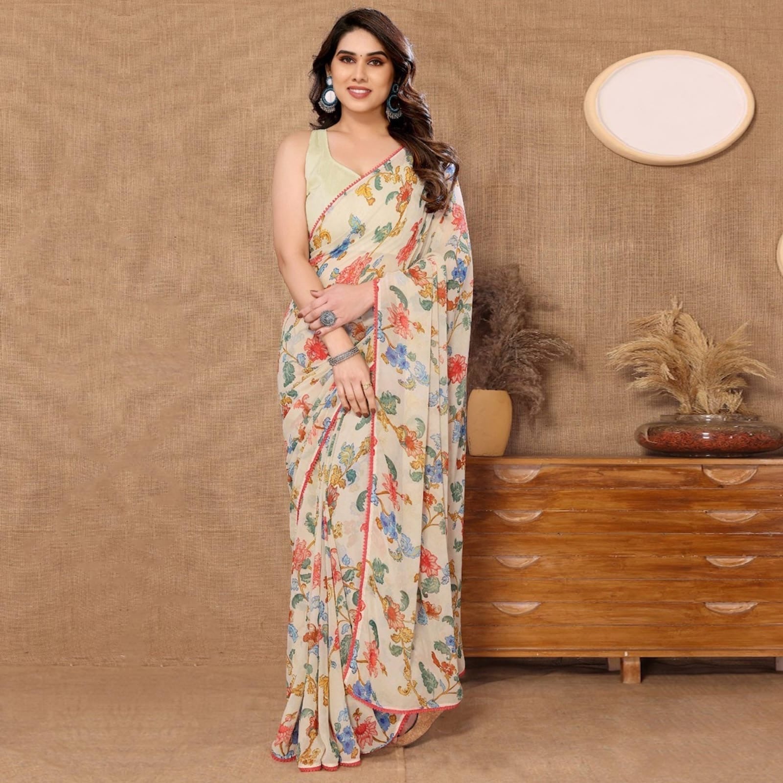 The Heritage Bloom Saree: Vintage Floral Pre-Stitched Georgette in Cream