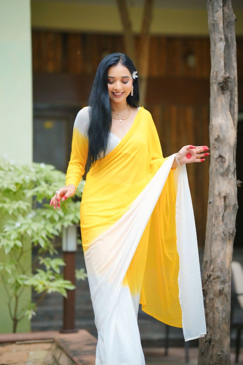 The 1-Minute Drape: Ombré Yellow & Pearl White Pre-Pleated Saree