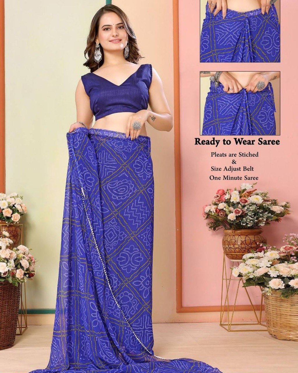 Royal Blue Bandhani Georgette Pre-Pleated Ready-to-Wear Saree