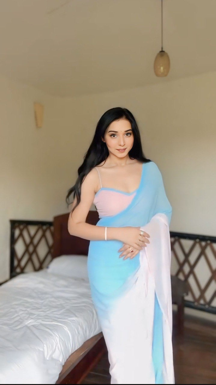 Sky Blue & Blush Pink Ombre Ready-to-Wear Saree | Pre-Pleated Chiffon Saree