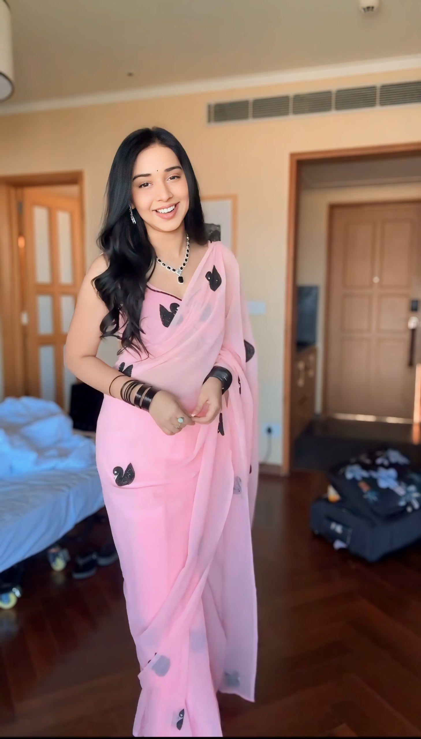 Pink Ready-to-Wear Georgette Saree with Black Swan Embroidery | Pre-Pleated Saree