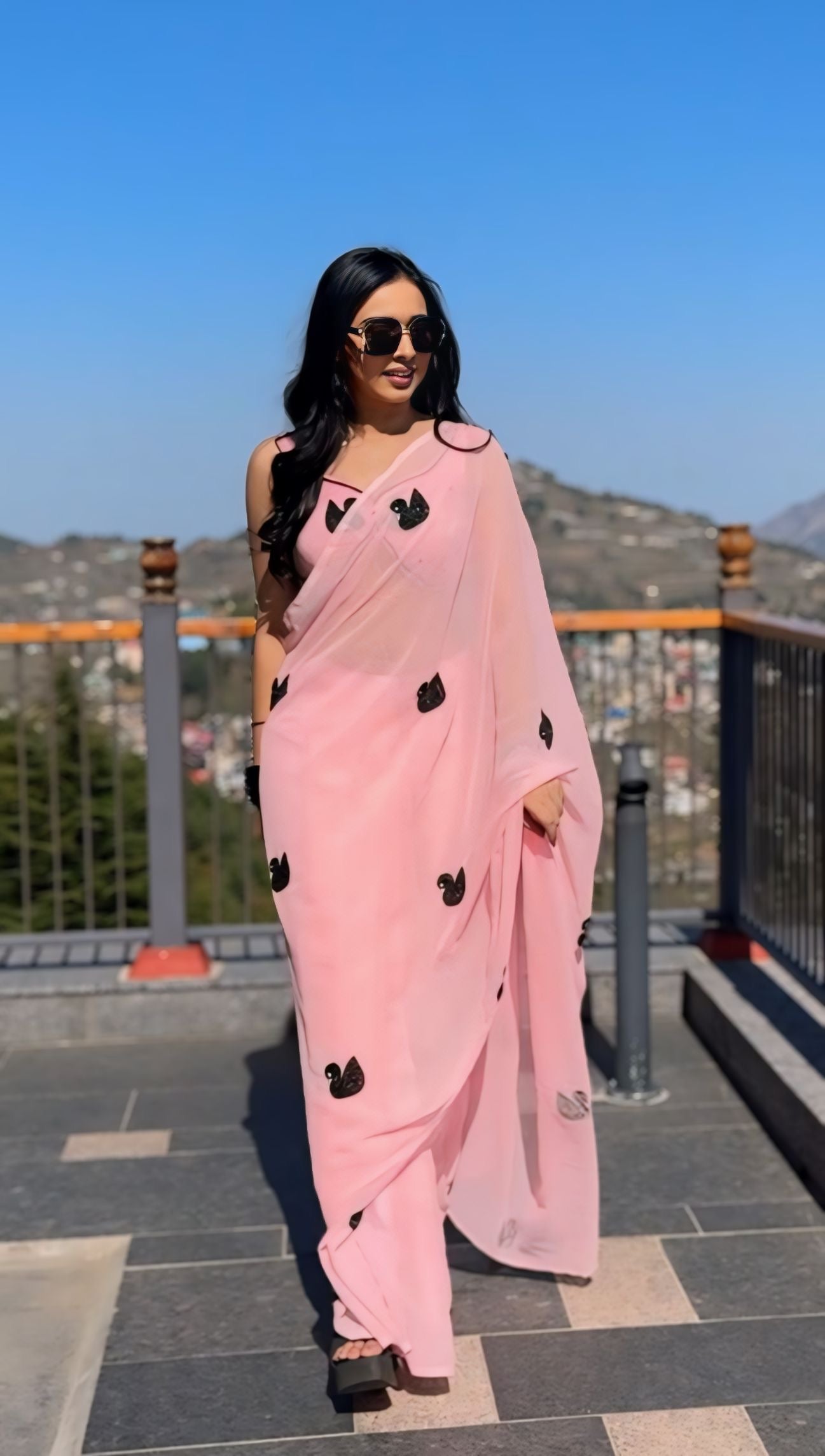 Pink Ready-to-Wear Georgette Saree with Black Swan Embroidery | Pre-Pleated Saree