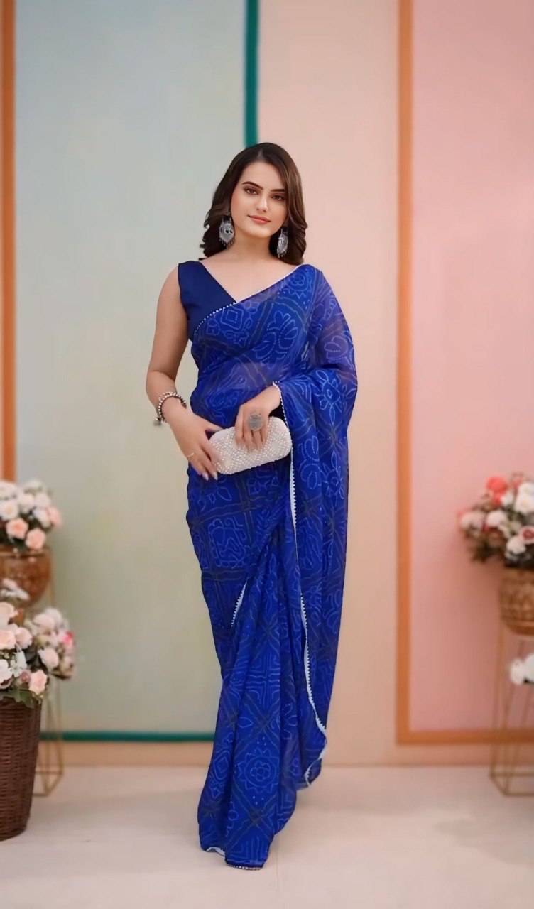 Royal Blue Bandhani Georgette Pre-Pleated Ready-to-Wear Saree