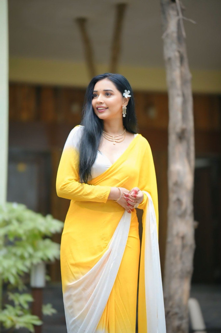 The 1-Minute Drape: Ombré Yellow & Pearl White Pre-Pleated Saree
