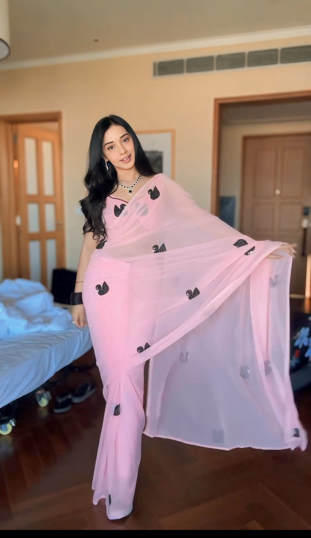 Pink Ready-to-Wear Georgette Saree with Black Swan Embroidery | Pre-Pleated Saree