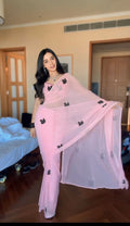 Pink Ready-to-Wear Georgette Saree with Black Swan Embroidery | Pre-Pleated Saree