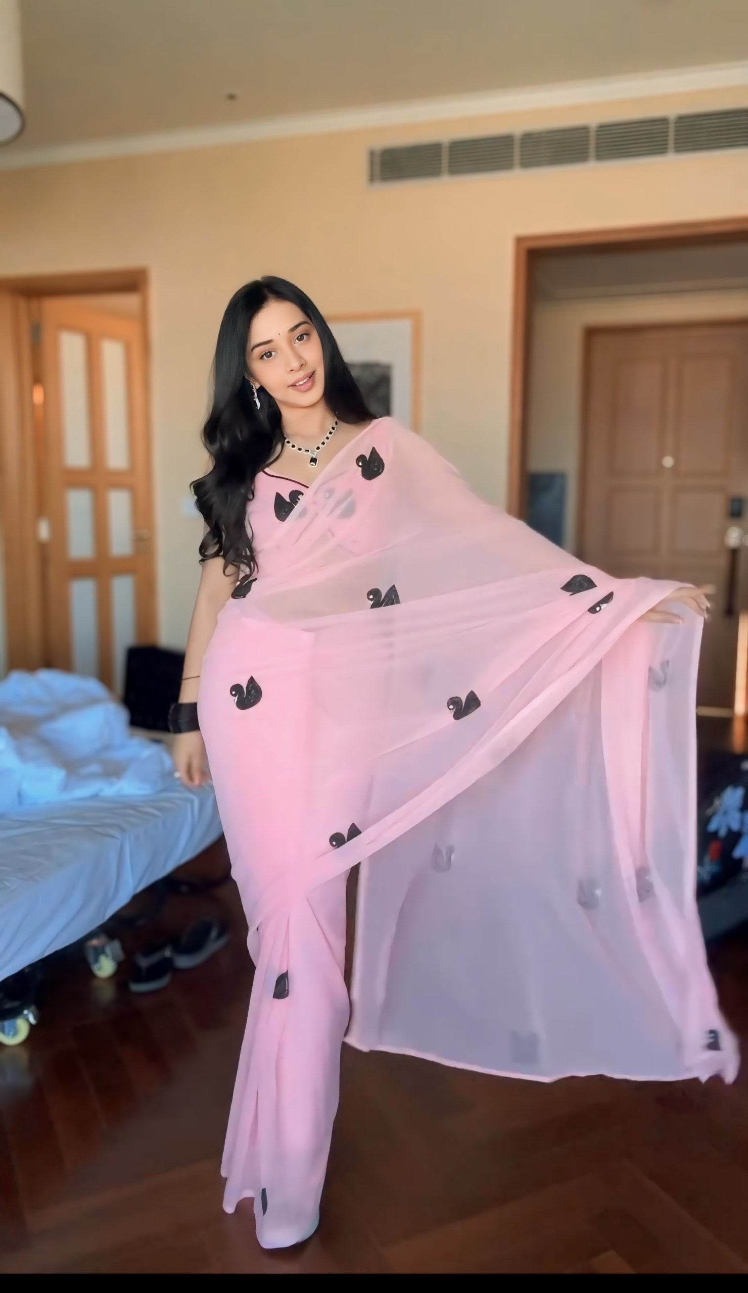 Pink Ready-to-Wear Georgette Saree with Black Swan Embroidery | Pre-Pleated Saree