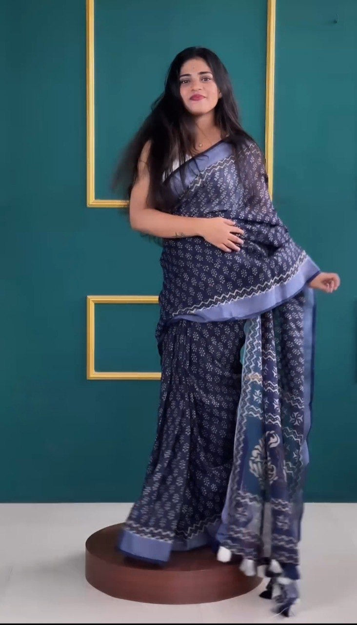 Indigo Blue Hand-Block Print Ready-to-Wear Saree | Pre-Pleated Mulmul Cotton Saree