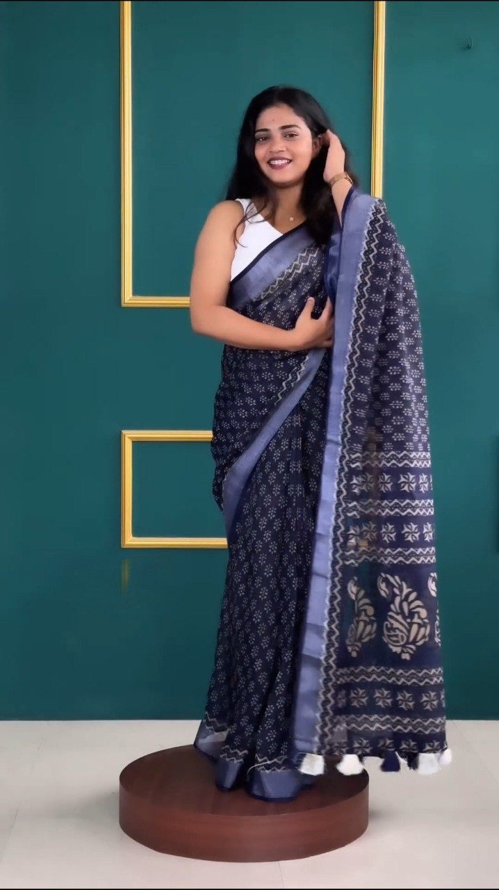 Indigo Blue Hand-Block Print Ready-to-Wear Saree | Pre-Pleated Mulmul Cotton Saree