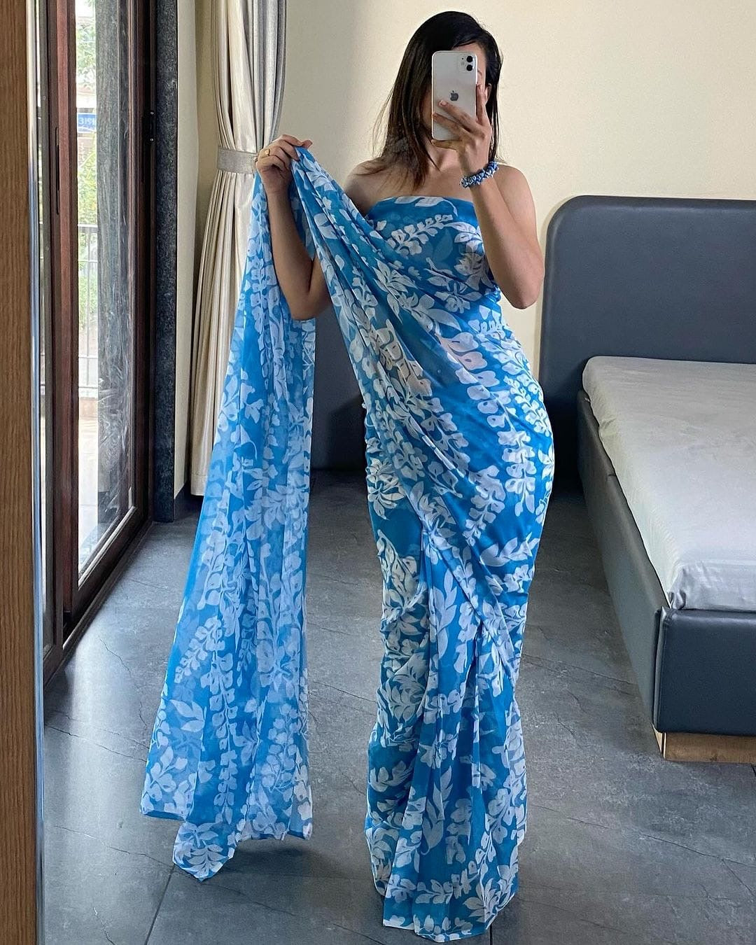Sky Blue Floral Printed Georgette Ready-to-Wear Saree