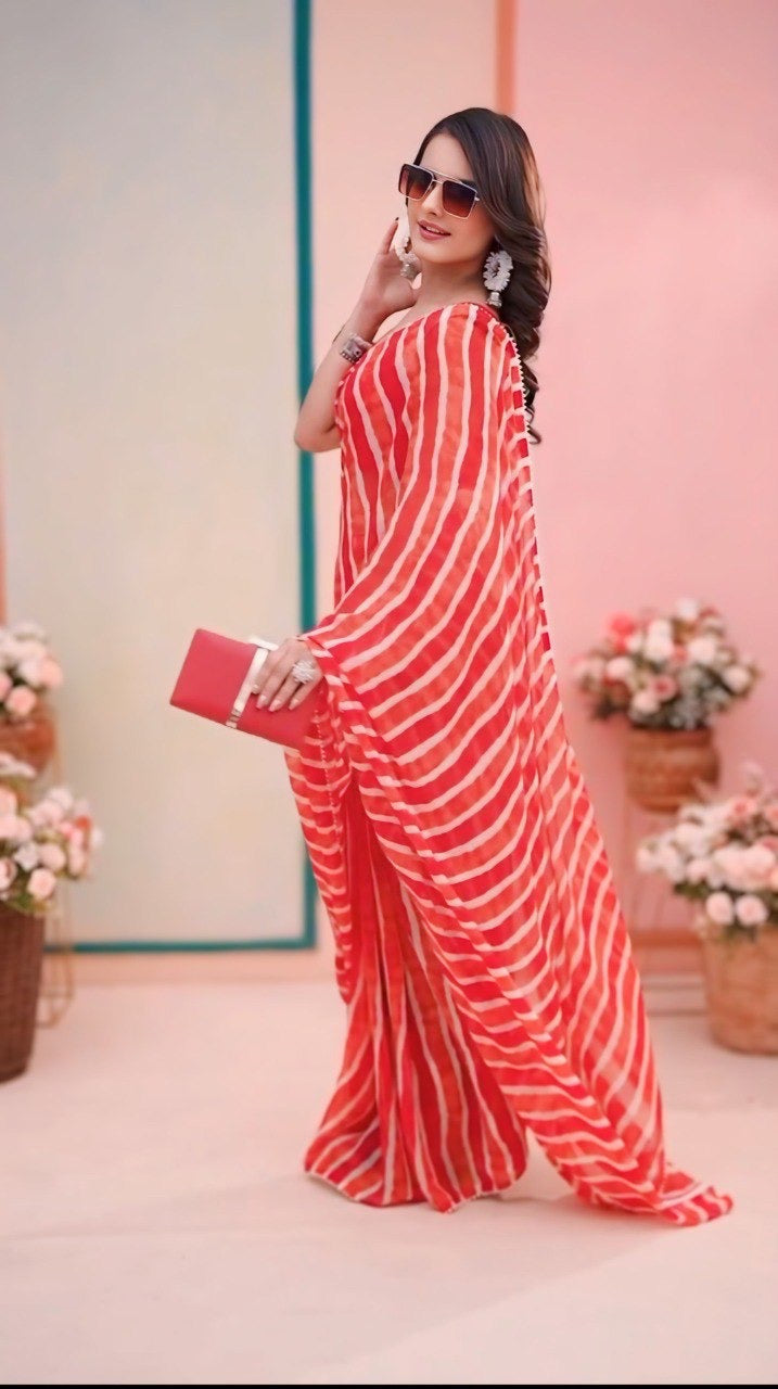 Red Lehariya Print Ready to Wear Pre Pleated Saree