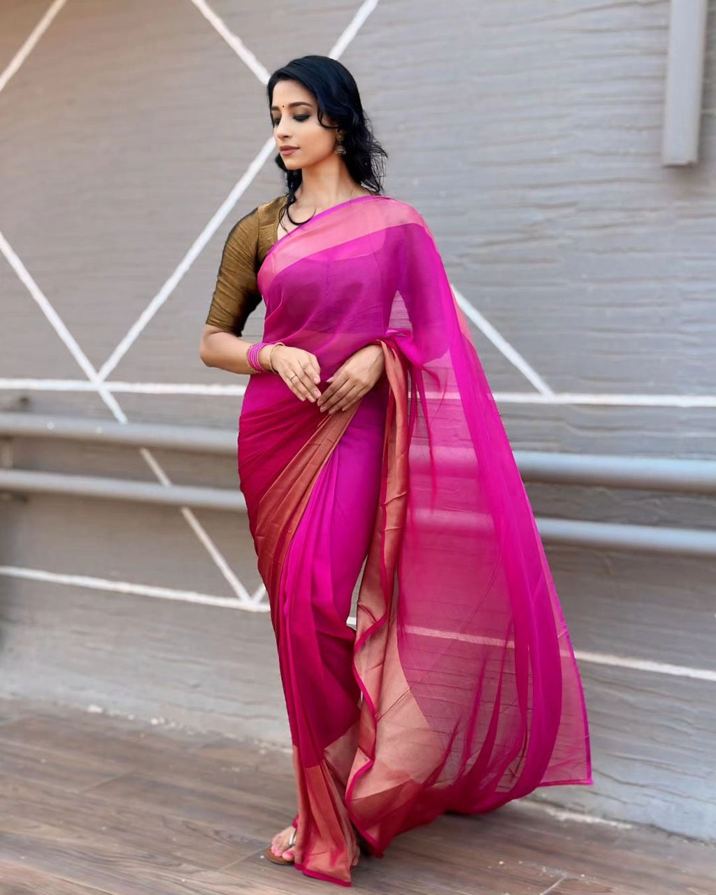 Sky Blue & Blush Pink Ombre Chiffon Saree | Ready To Wear Saree