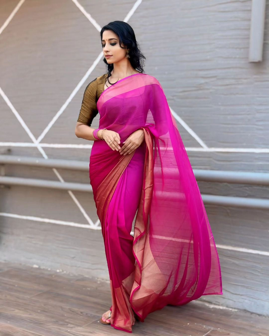 Sky Blue & Blush Pink Ombre Chiffon Saree | Ready To Wear Saree