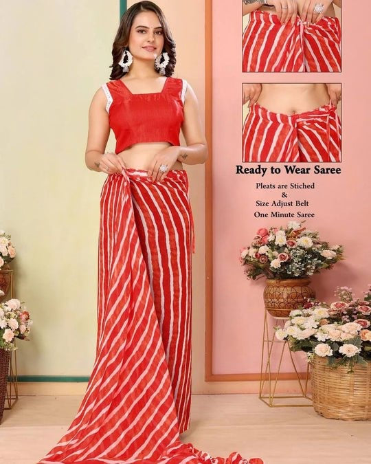 Red Lehariya Print Ready to Wear Pre Pleated Saree