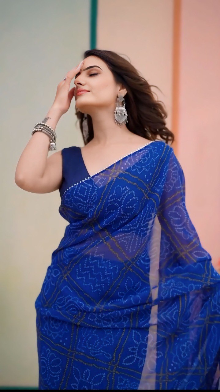 Royal Blue Bandhani Georgette Pre-Pleated Ready-to-Wear Saree
