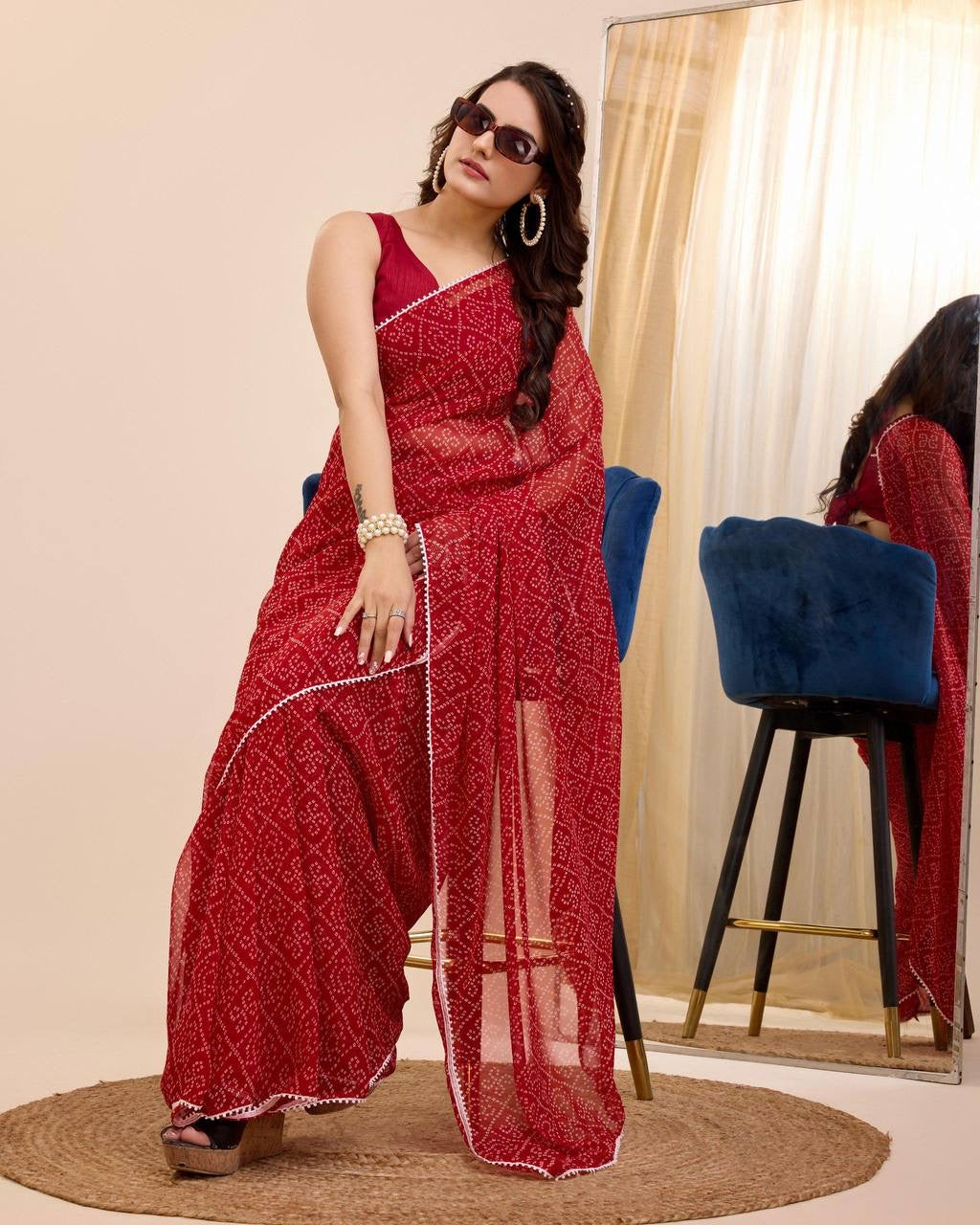 Elegant Red Bandhani Print Pre-Pleated Ready-to-Wear Saree