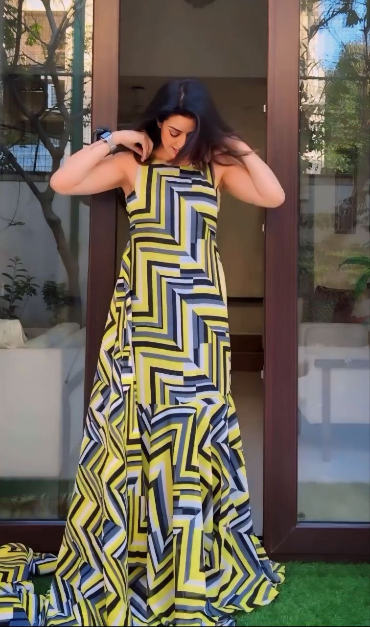 Geometric Chevron Mermaid Gown Saree | Yellow & Grey Pre-Stitched Ready-to-Wear Saree