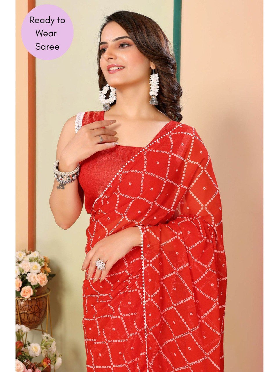 Vibrant Orange Ready-to-Wear Bandhani Saree with Pearl Lace Border