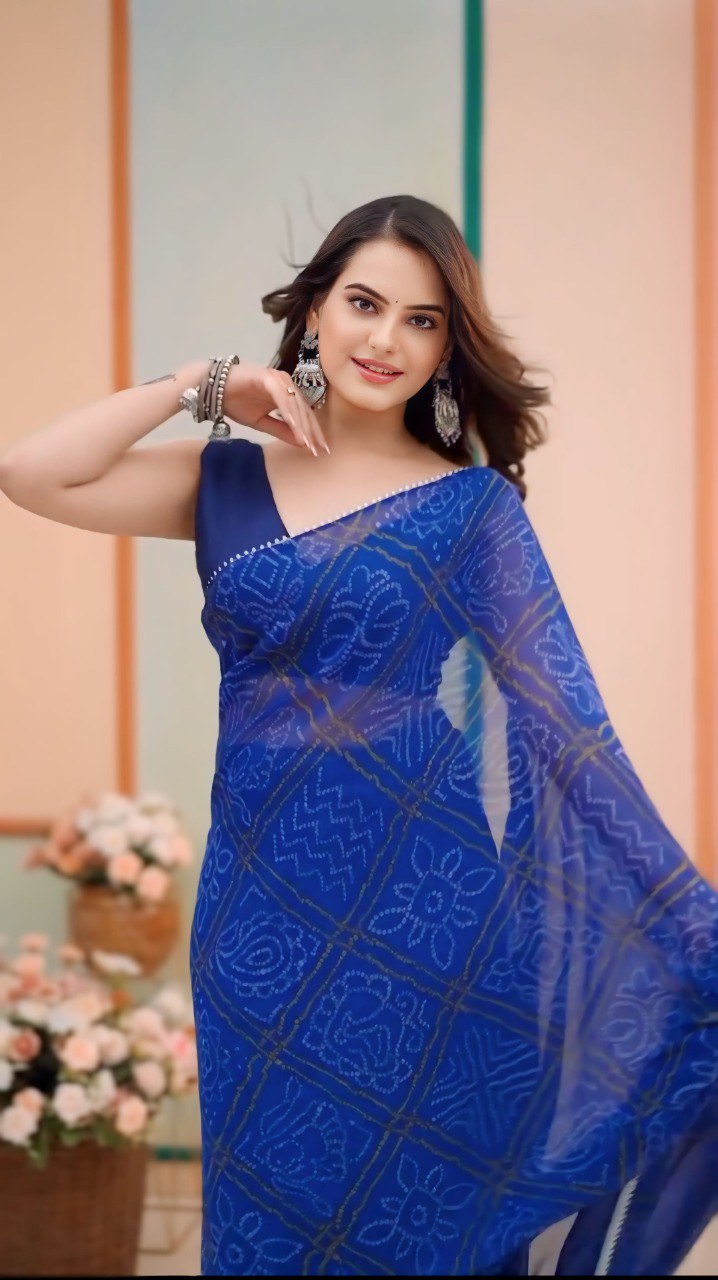Royal Blue Bandhani Georgette Pre-Pleated Ready-to-Wear Saree