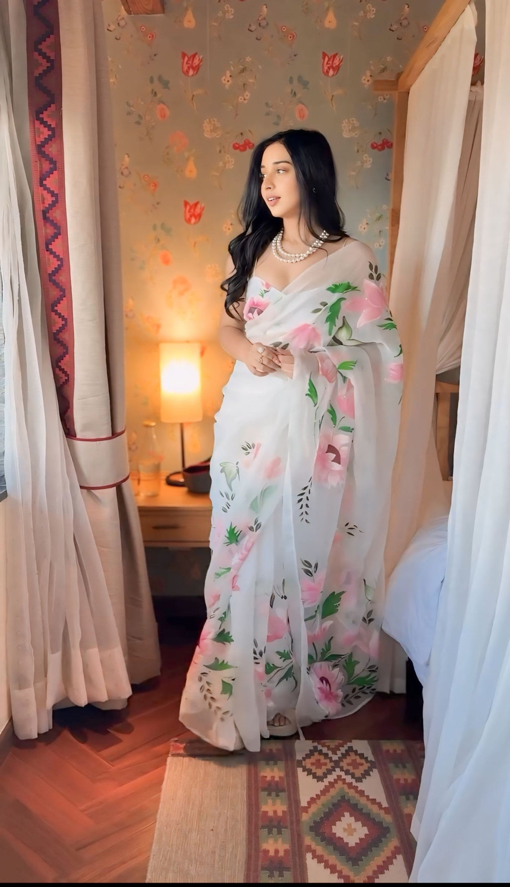White Organza Saree with Pink Floral Art Tanya Mittal