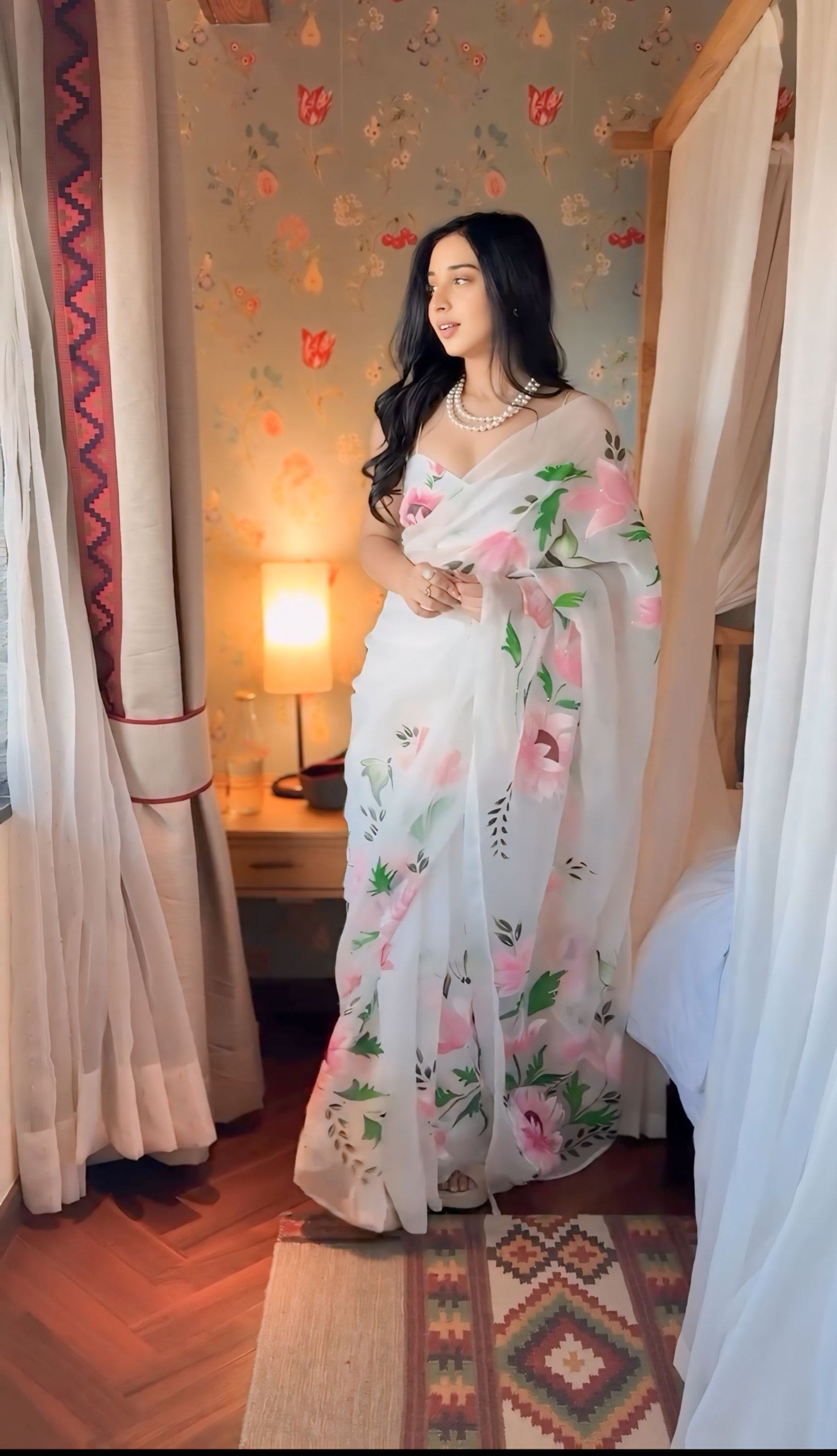 White Organza Saree with Pink Floral Art Tanya Mittal