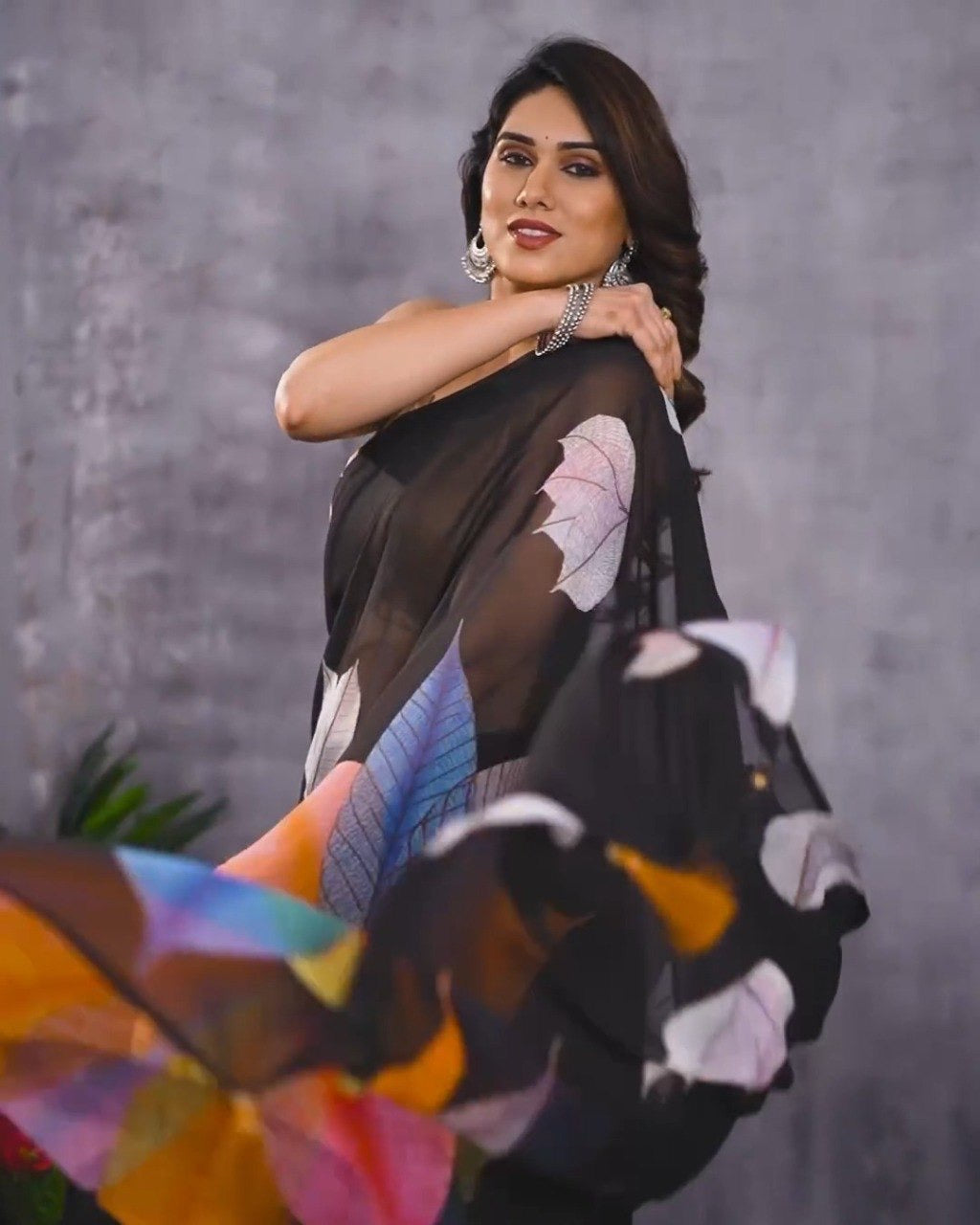 Black Georgette Ready-to-Wear Saree with Multi-Color Leaf Print | Pre-Pleated Saree